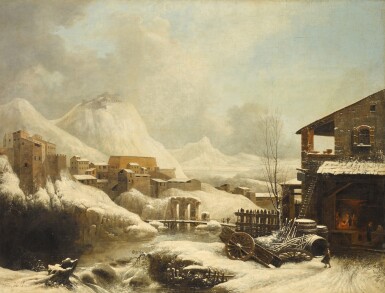 View full screen - View 1 of Lot 84. A winter landscape with a town beyond.