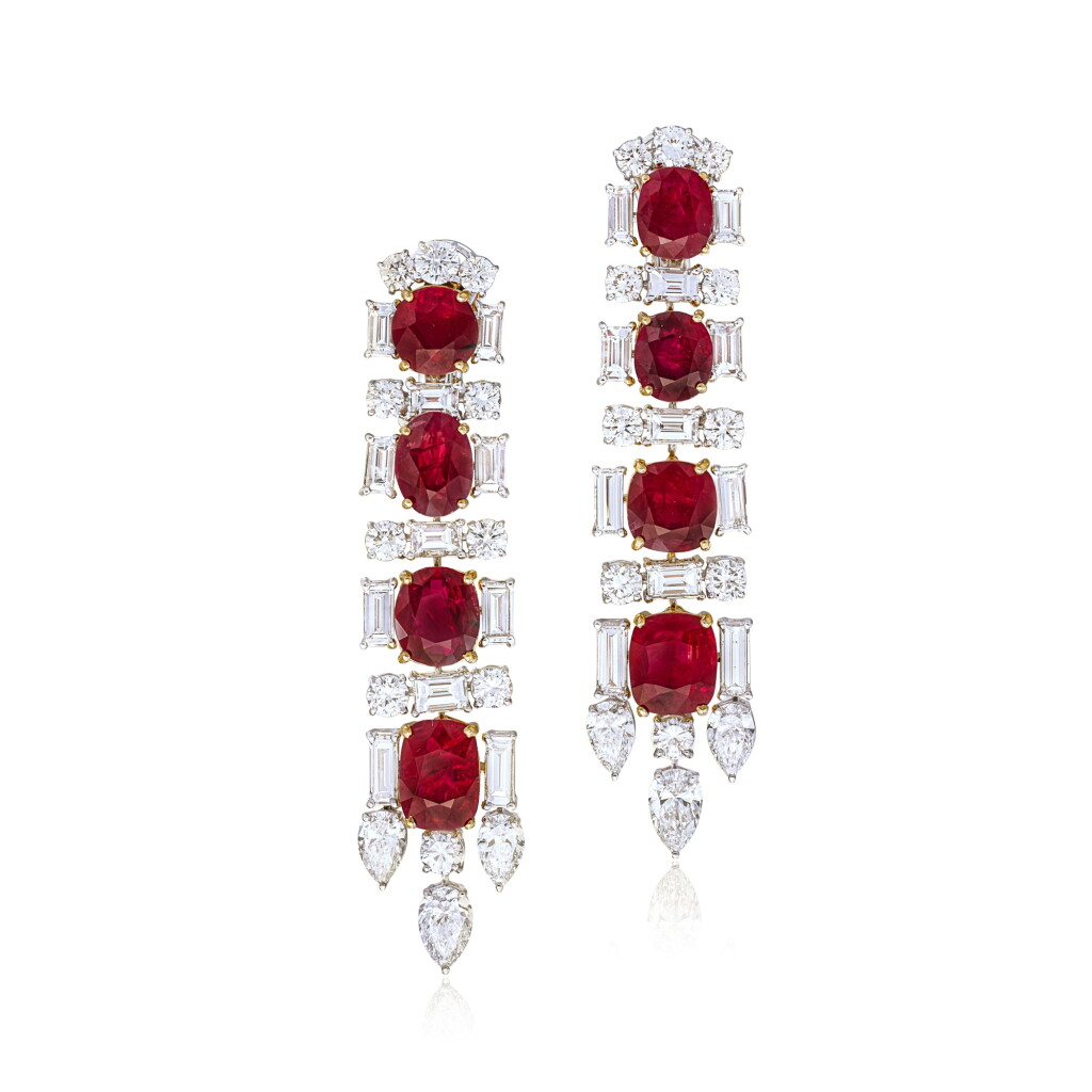 View full screen - View 1 of Lot 1845. Pair of Ruby and Diamond Pendent Earrings | 天然 「緬甸」未經加熱紅寶石 配 鑽石 耳墜一對(紅寶石總重約16.33克拉).