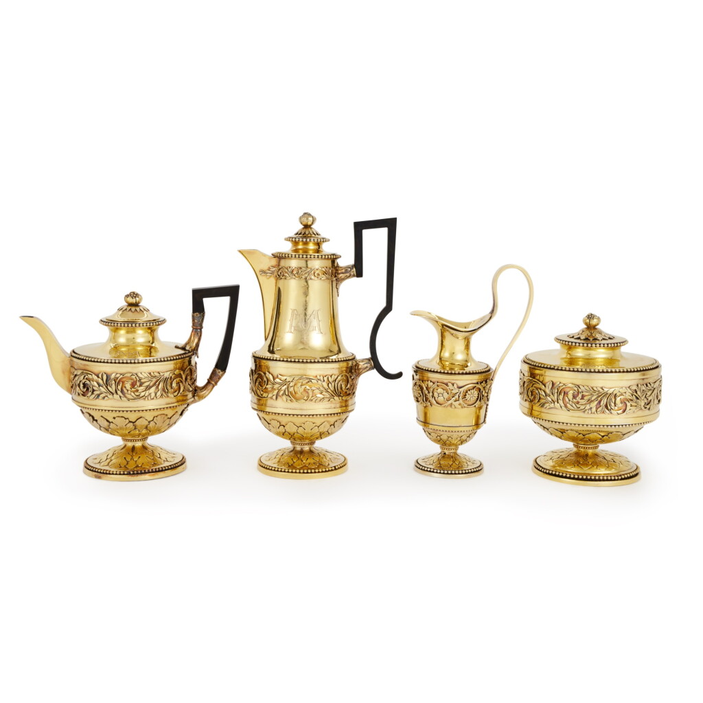 View full screen - View 1 of Lot 134. Royal: A German Silver-Gilt Four Piece Tea and Coffee Service, Probably Dresden, Circa 1780.