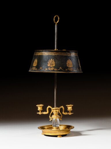 View full screen - View 1 of Lot 363. A Restauration gilt-bronze, crystal and painted metal three-light lampe bouillotte, circa 1820.