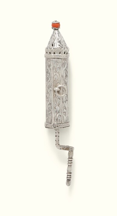 View full screen - View 1 of Lot 9. TWO SIMILAR SILVER MINIATURE ESTHER SCROLL CASES, BAGHDAD OR INDIAN IN BAGHDADI STYLE, SECOND HALF 19TH CENTURY.