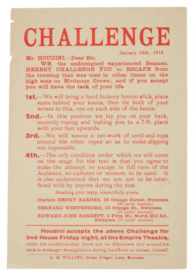 View full screen - View 1 of Lot 338. Houdini, Harry (Erik Weisz) | Houdini to give the Swansea salts the slip.