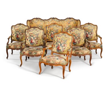 View full screen - View 1 of Lot 78. A Louis XV suite of carved beechwood seat furniture by Michel Cresson, mid-18th century.