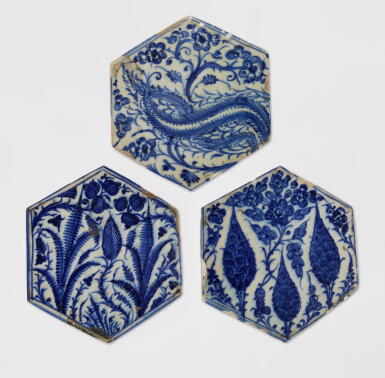 View full screen - View 1 of Lot 510. Three Mamluk Hexagonal Pottery Tiles, Syria, Mid-15th Century.