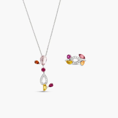 View full screen - View 1 of Lot 1496. Coloured Stone and Diamond Ring and Pendent Necklace | 卡地亞 | 寶石 配 鑽石 戒指 及 掛墜項鏈.