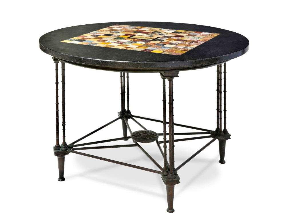 View full screen - View 1 of Lot 44. AN ITALIAN MARBLE MARQUETRY TRAY, 18TH CENTURY, ON A MODERN PATINATED BRONZE STAND, AFTER THE BAMBOO MODEL OF ADAM WEISWEILER.