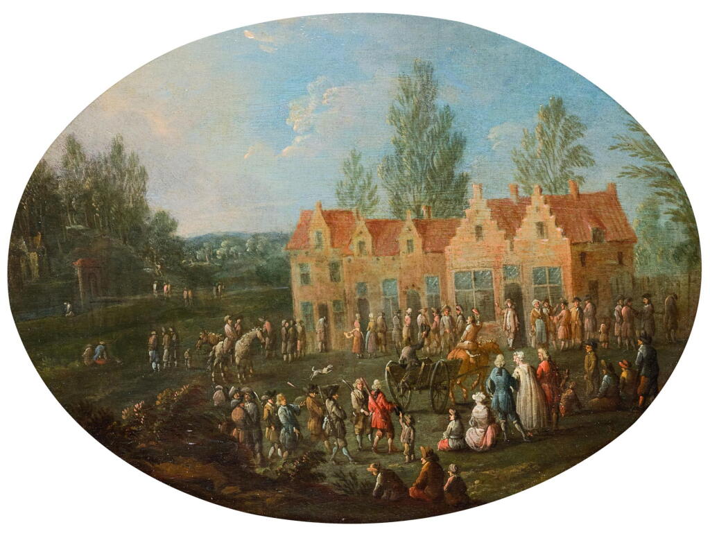 View full screen - View 1 of Lot 63. LOUIS-NICOLAS VAN BLARENBERGHE | Figures gathered by a large country house, a landscape beyond.