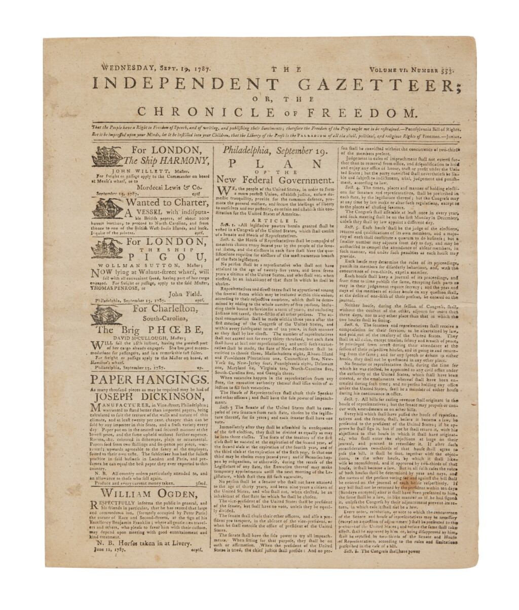 View full screen - View 1 of Lot 1007. United States Constitution | A first-day publication of the United States Constitution, with contemporary newspaper context.