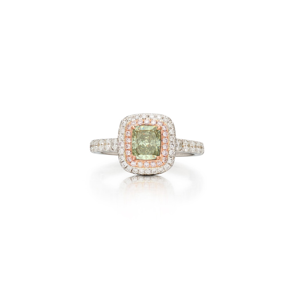 View full screen - View 1 of Lot 480. Fancy Intense Green Diamond, Colored Diamond and Diamond Ring.