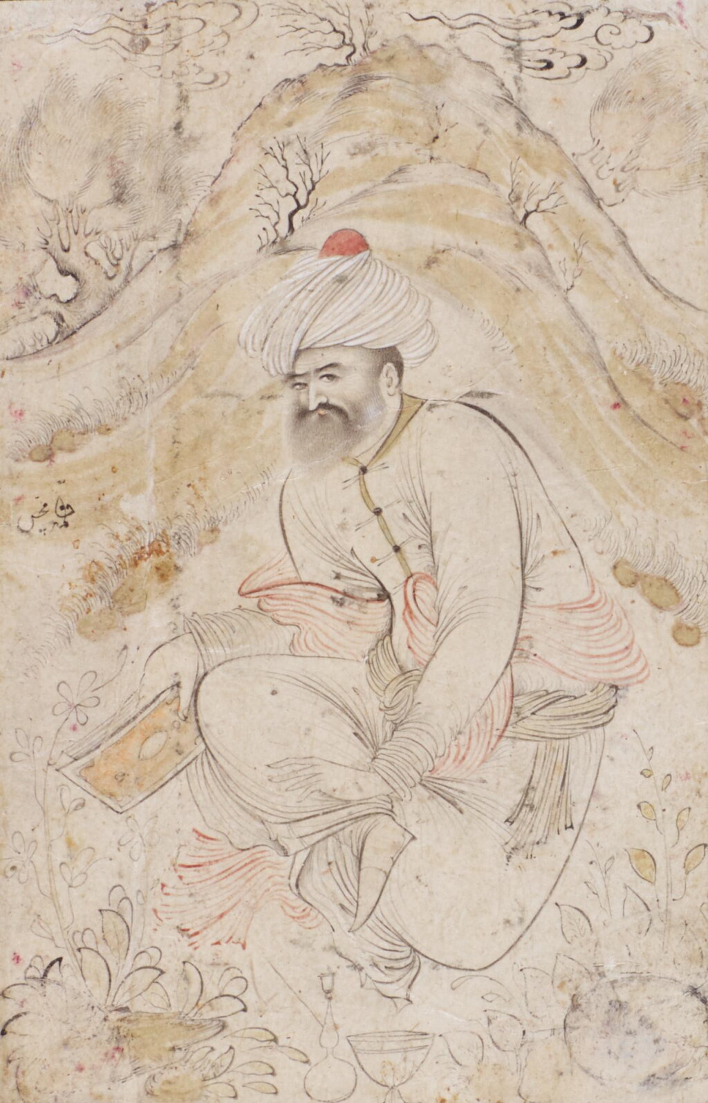 View full screen - View 1 of Lot 429. A DERVISH HOLDING A BOOK, SIGNED BY MUHAMMAD MUSHIN, PERSIA, SAFAVID, ISFAHAN, SECOND QUARTER 17TH CENTURY.