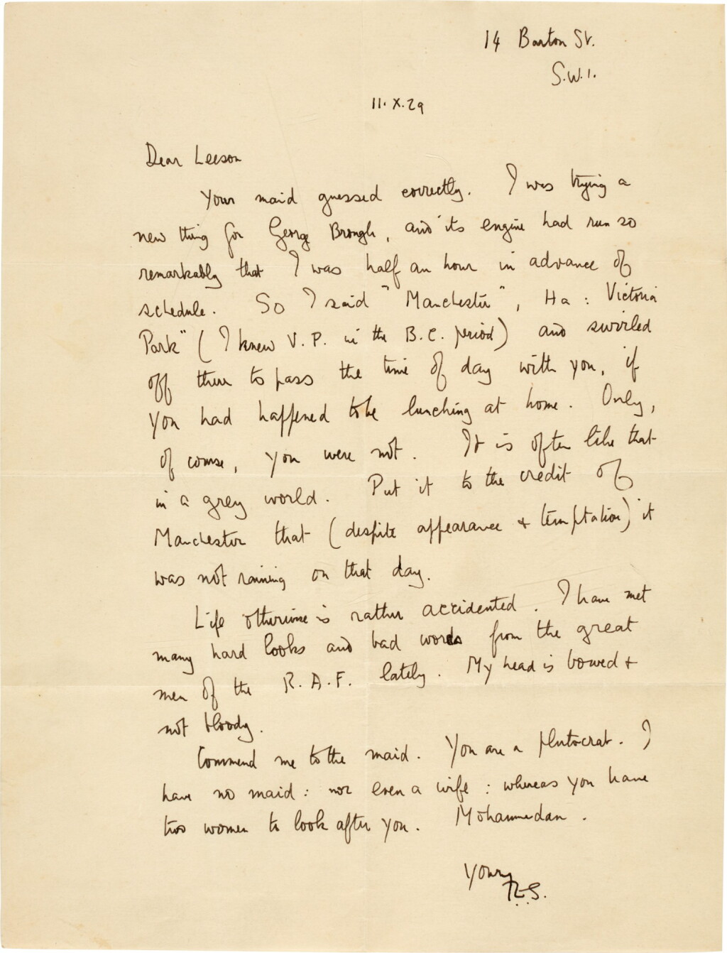 View full screen - View 1 of Lot 75. T. E. Lawrence | Autograph letter signed, to Leeson, on the speed of his motorbike, 11 October 1929.