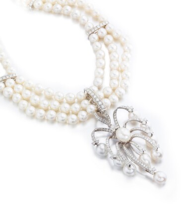 View full screen - View 1 of Lot 151. Collier et broche-pendentif perles de culture et diamants | Cultured pearl and diamond necklace and brooch/pendant.