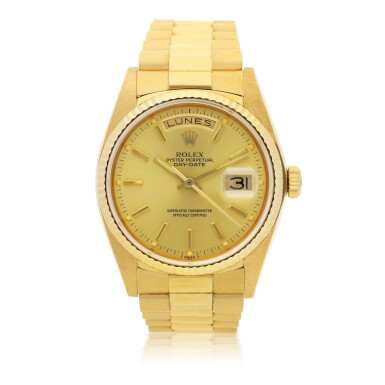 View full screen - View 1 of Lot 183. ROLEX | REFERENCE 18038/18000 DAY-DATE A YELLOW GOLD AUTOMATIC CENTER SECONDS WRISTWATCH WITH DAY, DATE, AND BRACELET, CIRCA 1981.