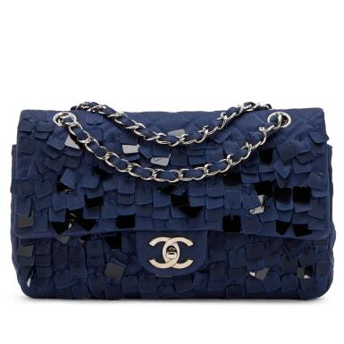 View full screen - View 1 of Lot 52. Navy Silk Paillettes Timeless Classic Medium Double Flap Silver Hardware, 2006-2008.