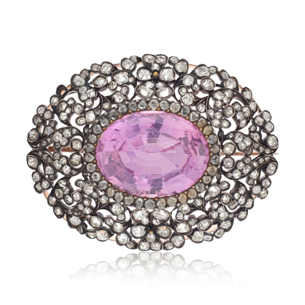 View full screen - View 1 of Lot 637. Fine Imperial Topaz and Diamond Brooch.