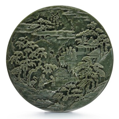 View full screen - View 1 of Lot 13. A spinach-green jade circular table screen, Qing dynasty, Qianlong period | 清乾隆 碧玉雕溪山觀太極圖圓插屏.