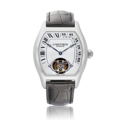 View full screen - View 1 of Lot 2164. Tortue XL Tourbillon, Reference 2808 | A limited edition platinum tourbillon wristwatch with retrograde hour and minute, Circa 2008 | 卡地亞 | 型號2808 | 限量版鉑金陀飛輪腕錶,備逆跳小時及分鐘,約2008年製.