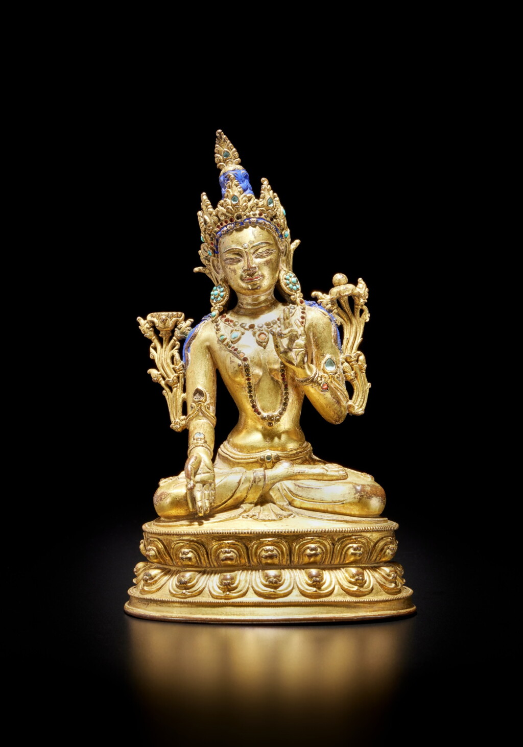 View full screen - View 1 of Lot 301. A hardstone-inlaid gilt-copper alloy figure of Vishvamata, Tibet, 15th / 16th century.