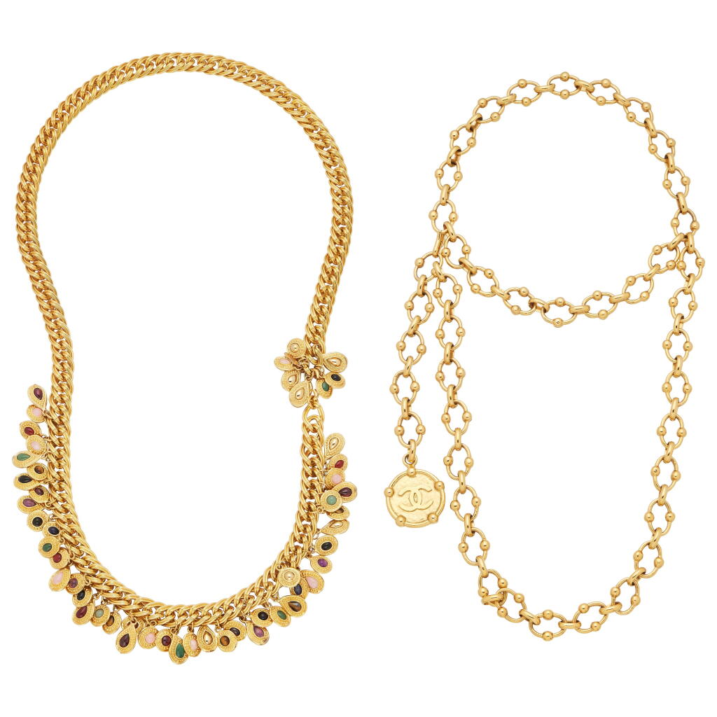 View full screen - View 1 of Lot 109. Set of Two Vintage Gold Plated Brass Chain CC Coin Belt, 1988 and Vintage Red, Blue & Pearl Chainlink Sautoir.