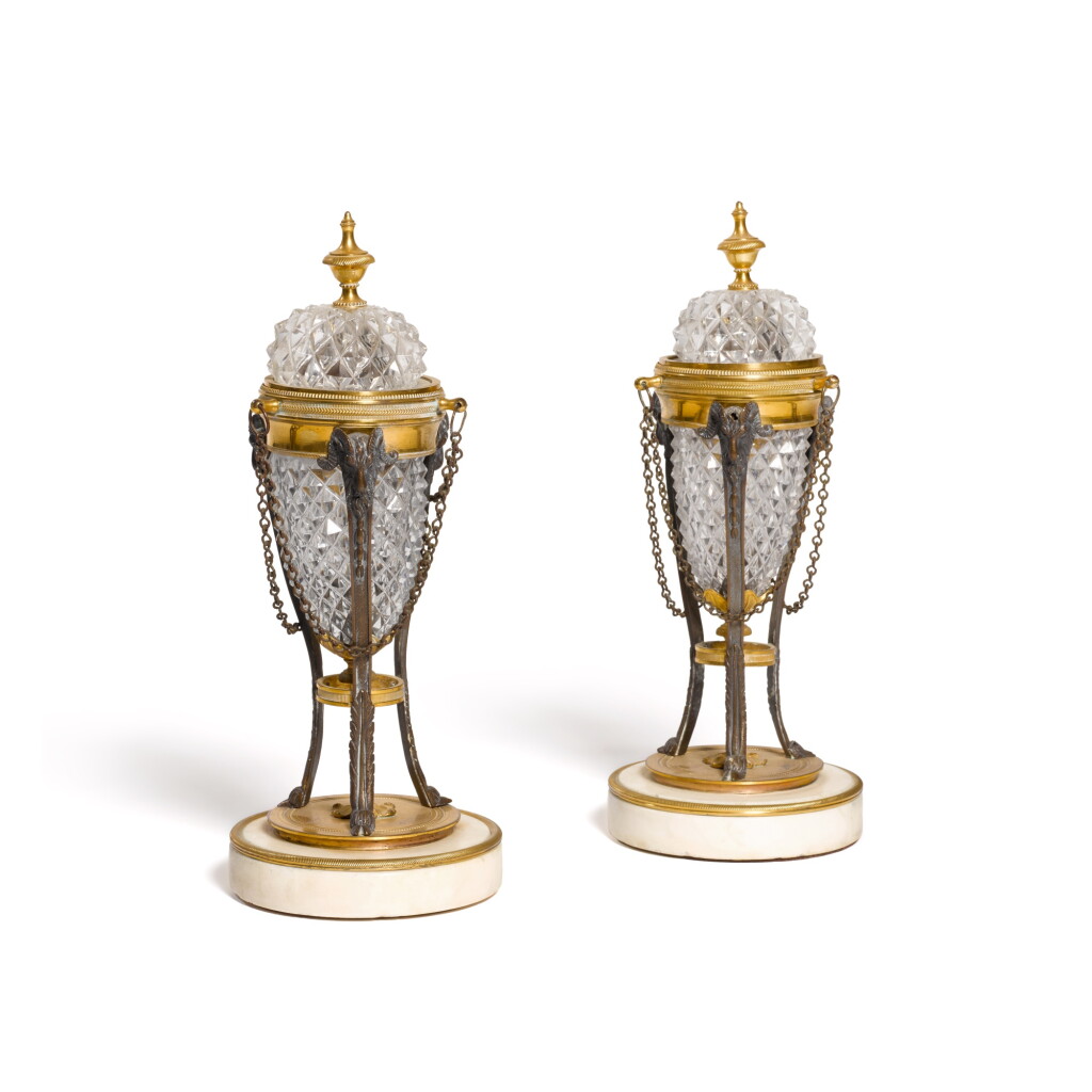 View full screen - View 1 of Lot 107. A pair of George III cut glass and bronze cassolettes, early 19th century.