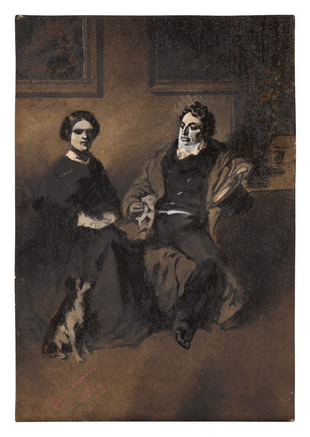 View full screen - View 1 of Lot 280. Three drawings: A) Portrait of the actor Frédérick Lemaître with his wife and dog B) A Conversation C) A Restaurant Interior.