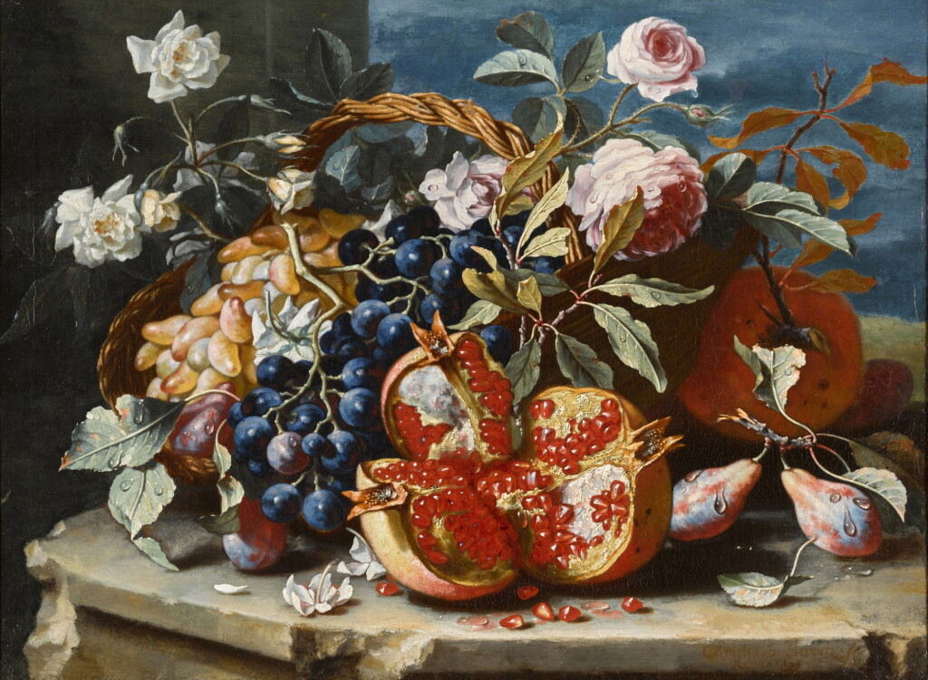 View full screen - View 1 of Lot 134. Still life with a pomegranate and grapes, with roses and other fruits in a basket, all on a stone ledge.