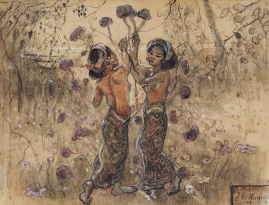 View full screen - View 1 of Lot 1018. Adrien-Jean Le Mayeur de Merprès 勒邁耶 | Two Balinese maidens in a garden 花園中的兩位巴厘女子.