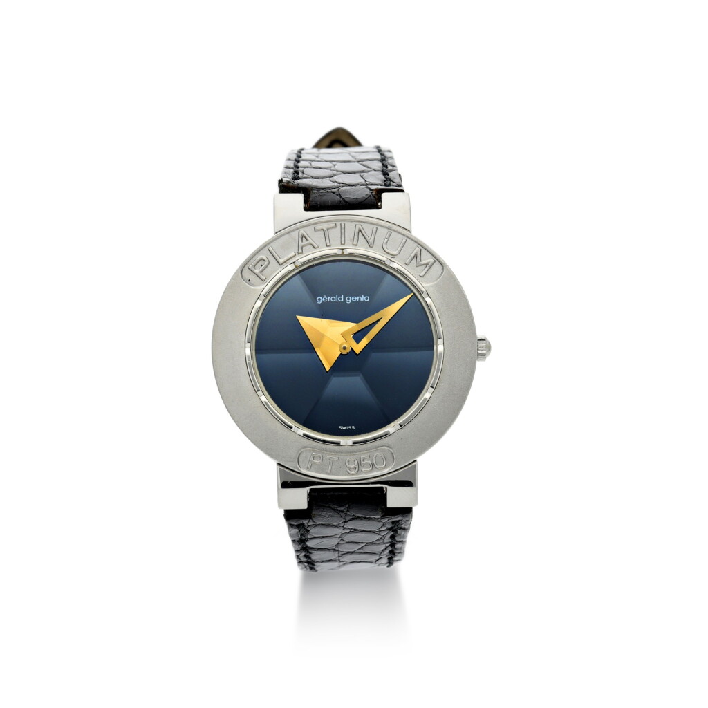 View full screen - View 1 of Lot 123. GÉRALD GENTA | A PLATINUM WRISTWATCH, CIRCA 1990.