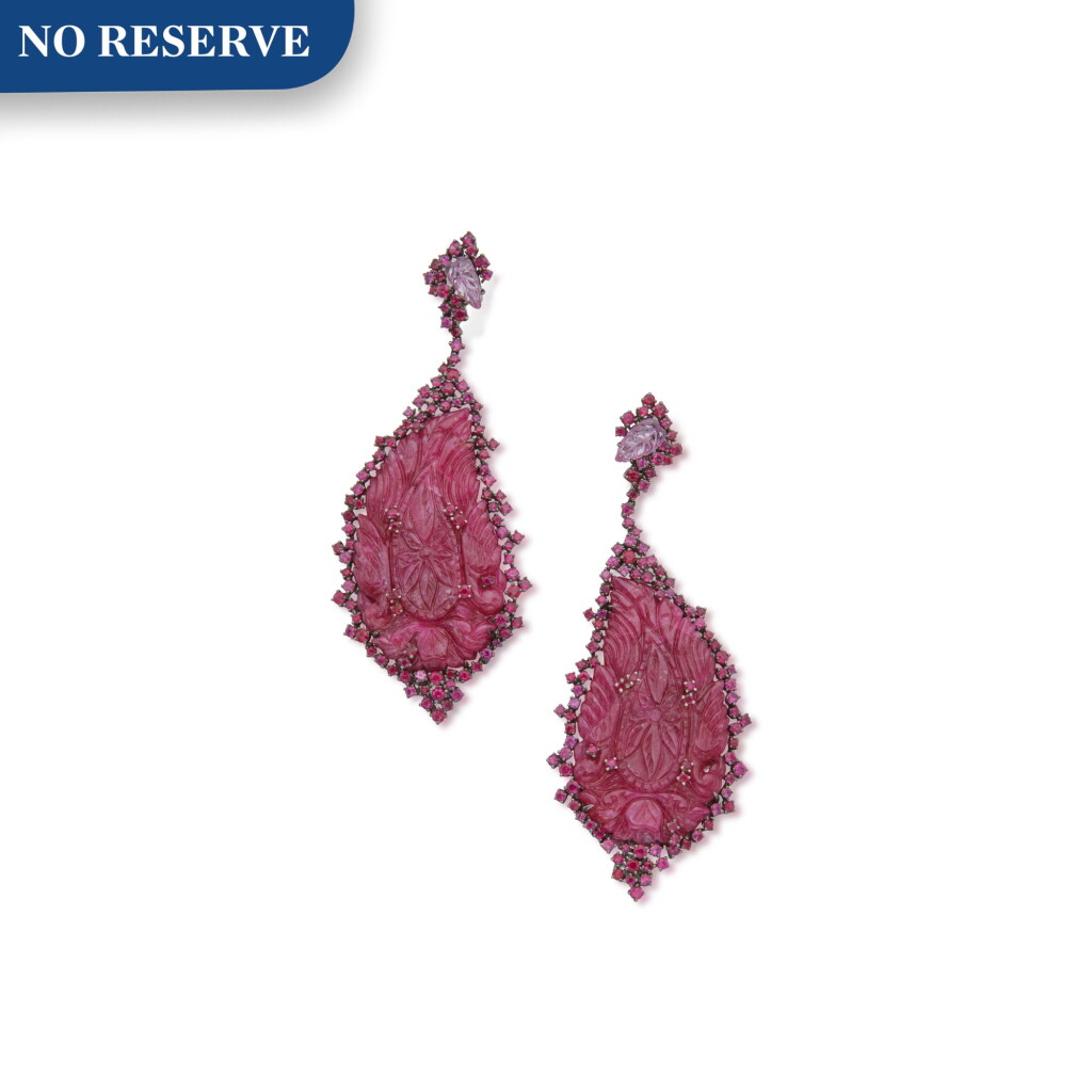 View full screen - View 1 of Lot 201. Pair of Pink Sapphire and Ruby Pendant-Earclips.