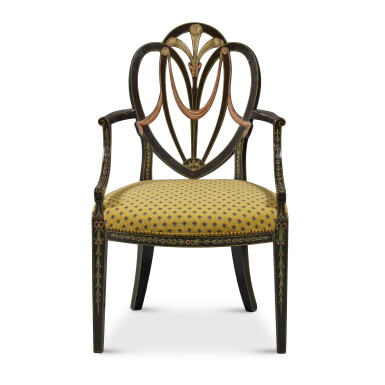 View full screen - View 1 of Lot 440. A Pair of George III Black And Polychrome-Painted Armchairs, Circa 1790.