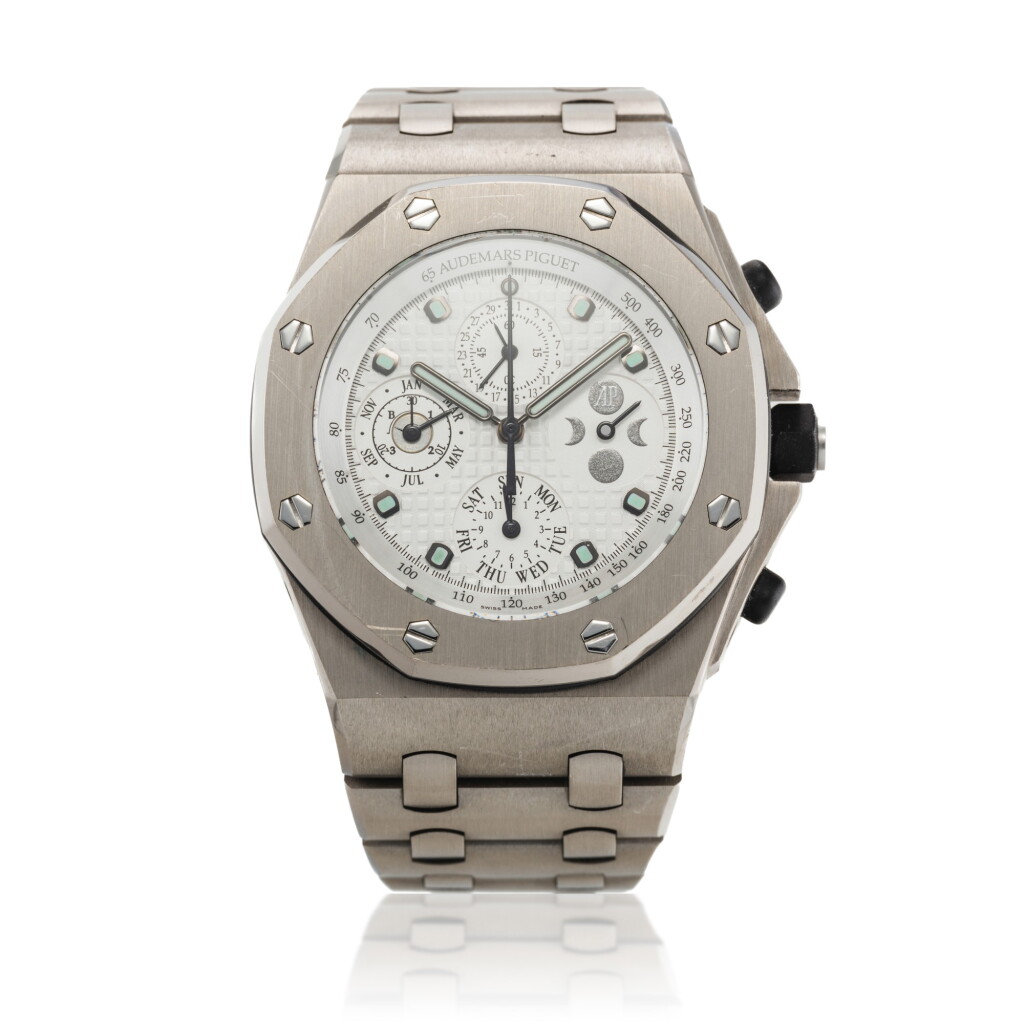 View full screen - View 1 of Lot 12. Reference 25854TI.OO.1150TI.01 Royal Oak Offshore Perpetual Calendar | A titanium perpetual calendar chronograph wristwatch with bracelet, moon phases and leap-year indication, Circa 2004 | 愛彼 25854TI.OO.1150TI.01 型號 Royal Oak Offshore Perpetual Calendar | 鈦金屬萬年曆計時鍊帶腕錶備月相及閏年顯示,約2004年製.