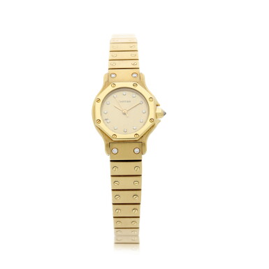 View full screen - View 1 of Lot 217. SANTOS OCTAGON A LADY'S YELLOW GOLD AND DIAMOND-SET BRACELET WATCH, CIRCA 1995.