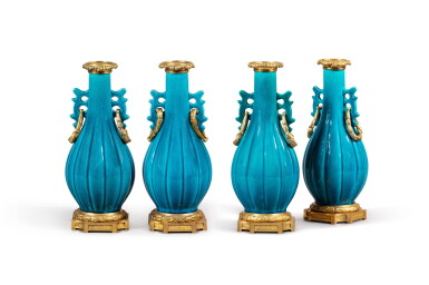 View full screen - View 1 of Lot 177. Two pairs of gilt-bronze mounted blue enameled porcelain vases, China, 19th century and Louis XVI style, 19th century | Deux paires de vases en porcelaine émaillée bleu turquoise, Chine, XIXe siècle et monture de bronze doré de style Louis XVI, XIXe siècle.