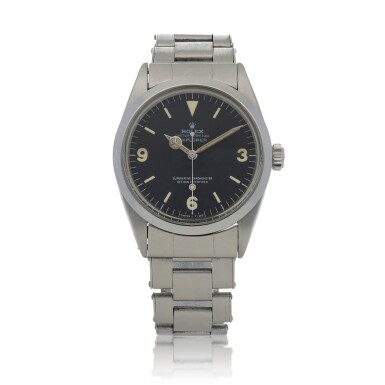 View full screen - View 1 of Lot 419. Explorer, Ref. 1016 Stainless steel wristwatch with "frog's foot" dial and bracelet Circa 1968 | 勞力士 1016型號「Explorer」精鋼鍊帶腕錶配「frog's foot」錶盤,年份約1968.