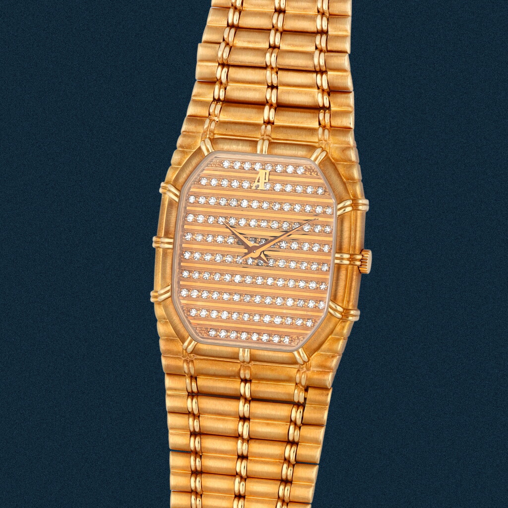View full screen - View 1 of Lot 20. Bamboo | A yellow gold and diamond-set bracelet watch | Circa 1983.