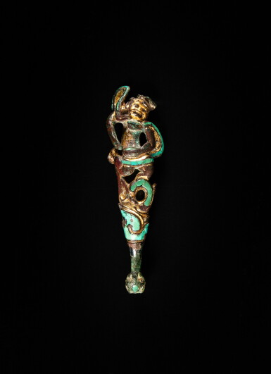 View full screen - View 1 of Lot 97. A turquoise-inlaid gilt-bronze 'dancing figure' belt hook, Han dynasty or later | 漢或更晚 銅鎏金嵌綠松石人形帶鉤.