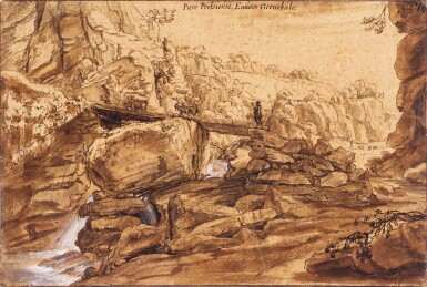 View full screen - View 1 of Lot 96. View of a Waterfall in a Mountainous Landscape, with a farmer herding goats and a cow across a bridge.