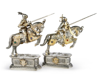 View full screen - View 1 of Lot 243. Two Continental Parcel-Gilt Silver and Cabochon-Mounted Jousting Knights, Mid 20th Century.