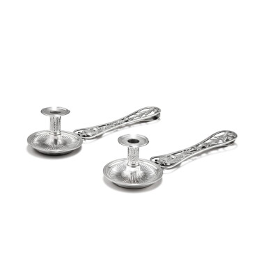 View full screen - View 1 of Lot 353. A pair of silver palmatoria, Filippo Grimaldi, Rome, 1803-1848 | Paire de bougeoirs épiscopaux par Filippo Grimaldi, Rome, 1803-1848.