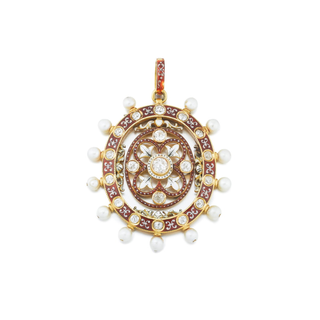 View full screen - View 1 of Lot 27. Emanel, pearl and diamond pendant .