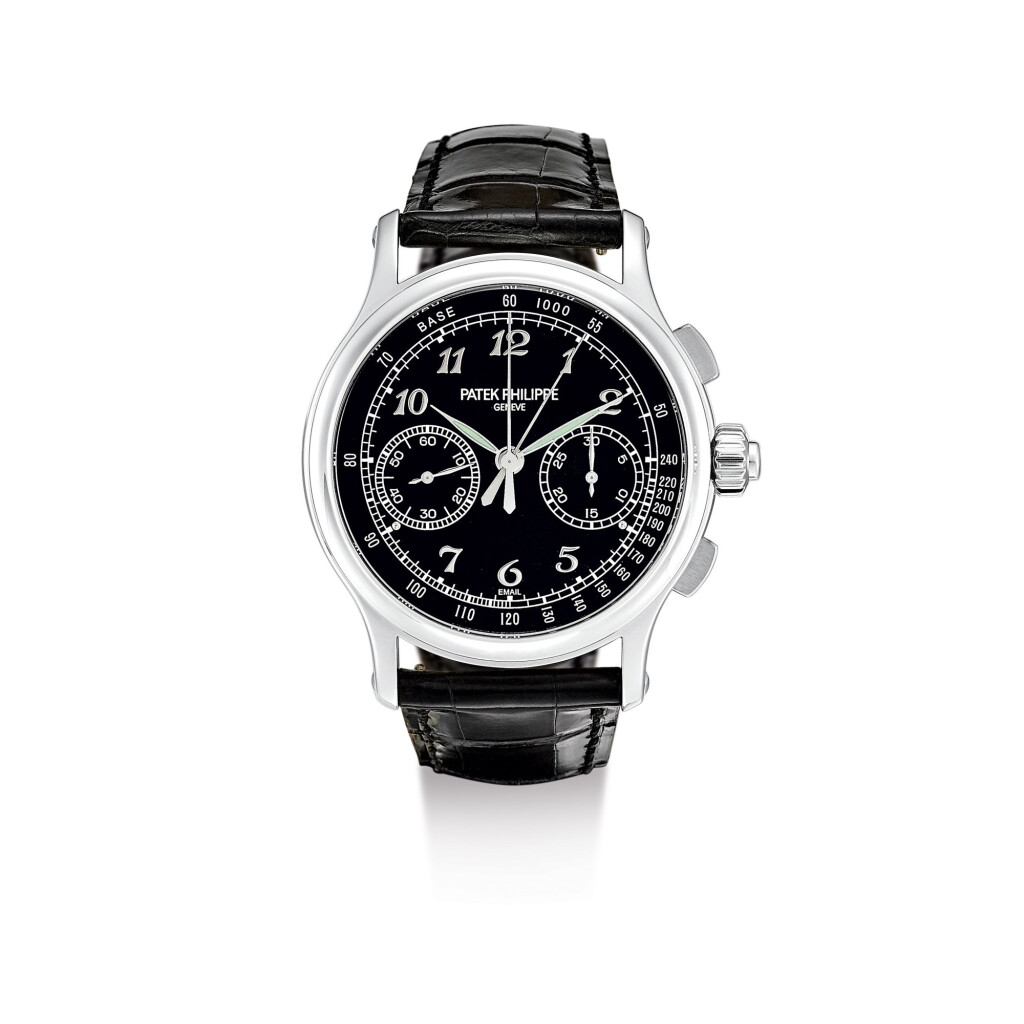 View full screen - View 1 of Lot 356. PATEK PHILIPPE | REFERENCE 5370 A PLATINUM SPLIT SECONDS CHRONOGRAPH WRISTWATCH WITH ENAMEL DIAL, CIRCA 2018.