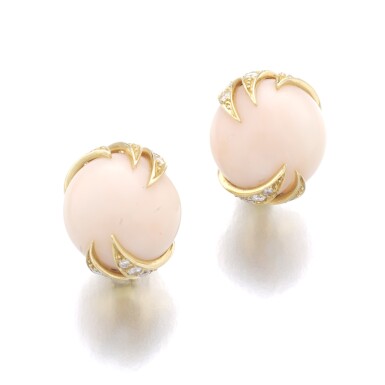 View full screen - View 1 of Lot 450. STERLÉ | PAIR OF CORAL AND DIAMOND EAR CLIPS.