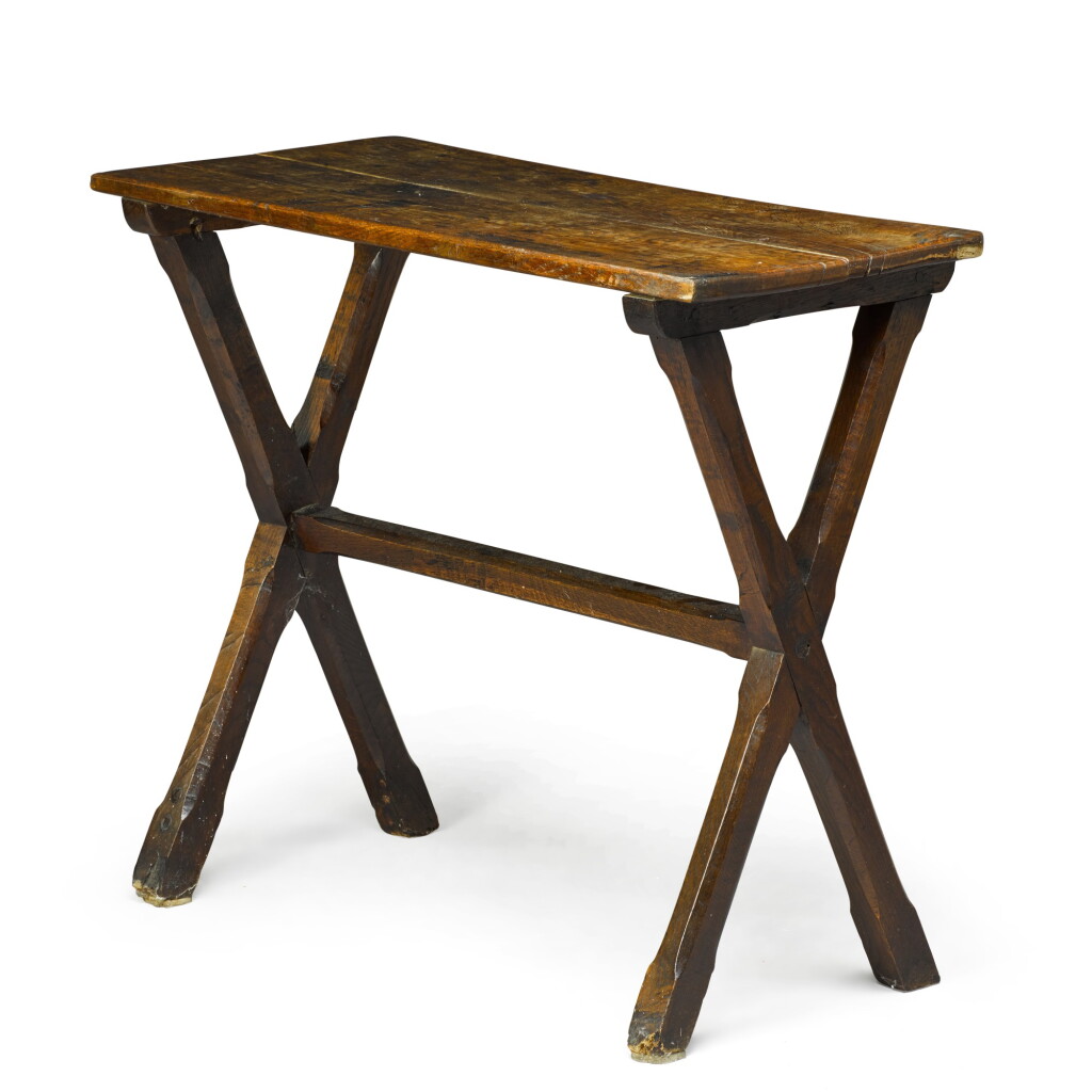 View full screen - View 1 of Lot 107. A Victorian oak X-frame trestle table, late 19th/early 20th century.