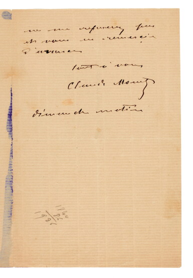 View full screen - View 1 of Lot 81. MONET | autograph letter signed, begging for 100 Francs.
