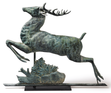 View full screen - View 1 of Lot 1105. EXCEPTIONAL FULL-BODIED MOLDED COPPER AND ZINC STAG LEAPING OVER A SHRUB WEATHERVANE, HARRIS & CO., BOSTON, MASSACHUSETTS, CIRCA 1880.