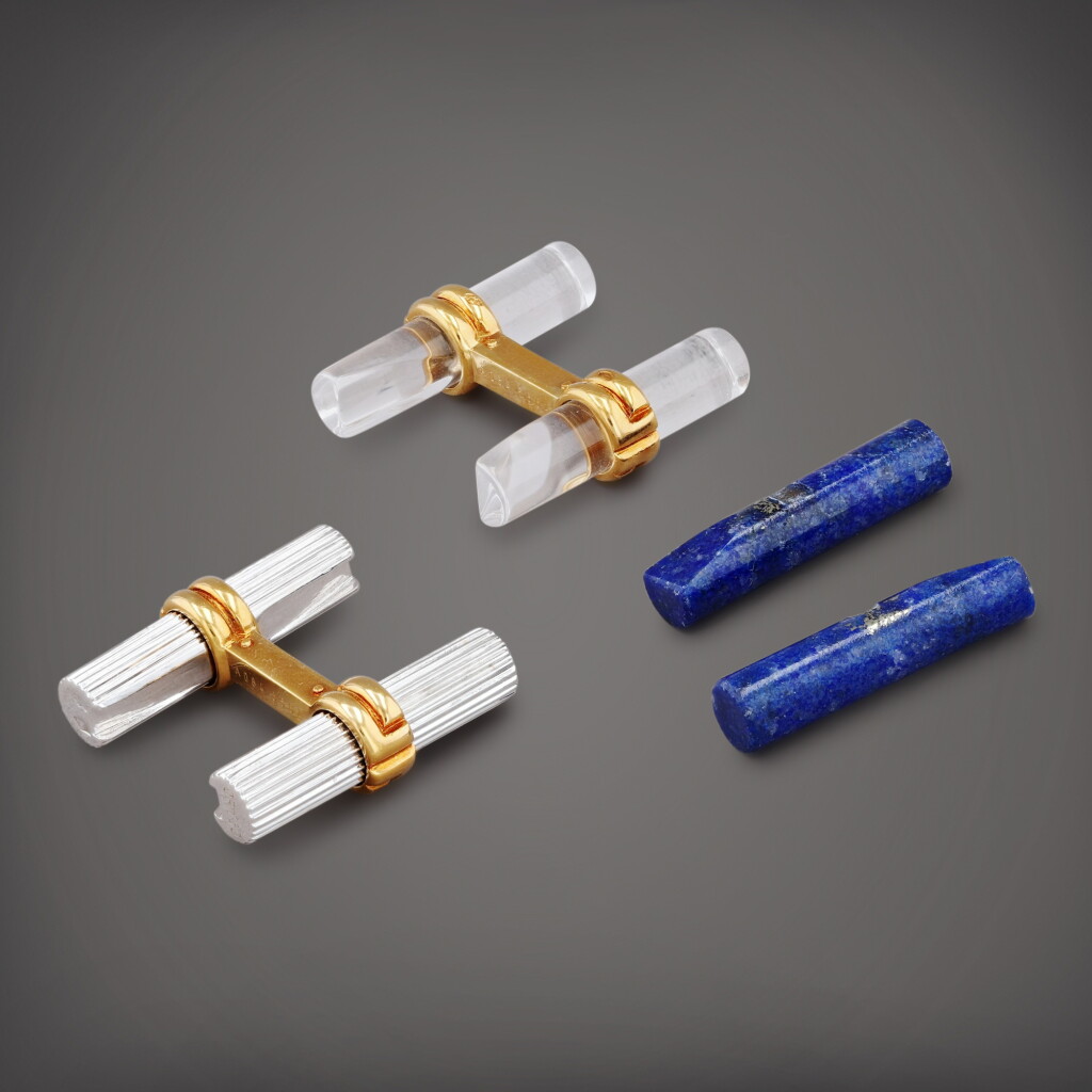 View full screen - View 1 of Lot 733. Boucheron | Paire de boutons de manchette pierres de couleur et acier | Pair of gem-set and steel cufflinks.