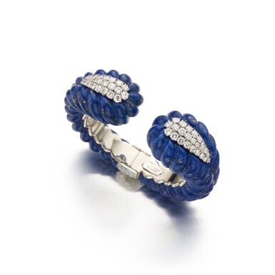 View full screen - View 1 of Lot 182. Lapis Lazuli and Diamond Cuff-Bracelet.