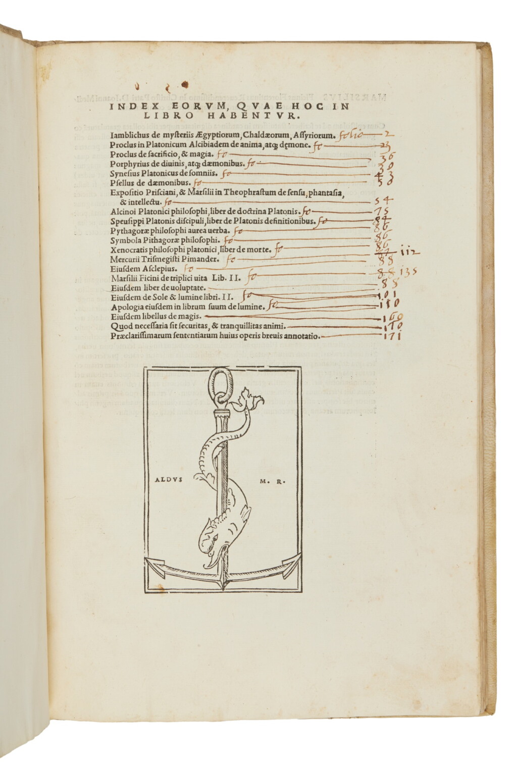 View full screen - View 1 of Lot 792. Iamblichus Chalcidensis, Index eorum, Venice, Heirs of Aldo & Torresano, 1516, early nineteenth-century vellum.