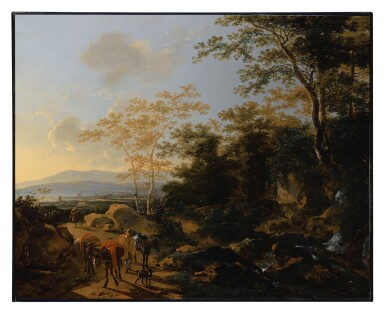 View full screen - View 1 of Lot 542. An Italianate landscape with travelers and mules by a waterfall.
