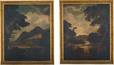 View full screen - View 1 of Lot 22. ATTRIBUTED TO ADRIAEN VAN DIEST | A WOODED RIVER LANDSCAPE WITH A FERRY AND FIGURES BY THE BANKS, A RUINED TOWER AND MOUNTAINS BEYOND; AND A COASTAL LANDSCAPE WITH FIGURES BY THE SHORE AND A VESSEL AT SEA, A TOWN AND MOUNTAINS BEYOND.